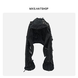 朋克风暗黑系蝴蝶结套头帽女美式街头潮牌百搭秋冬保暖护耳冷帽男