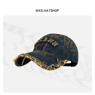 美式 毛边字母设计豹纹棒球帽男 复古水洗渐变牛仔深蓝鸭舌帽女个性