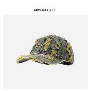 黄绿色水洗牛仔不规则割破棒球帽子男女街头美式复古橘红色鸭舌帽