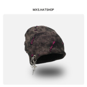 复古撞色破洞针织帽男女个性 暗黑晕染毛线帽秋冬加绒包头护耳冷帽