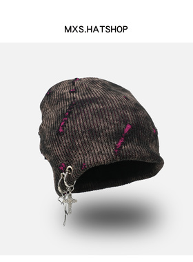 复古撞色破洞针织帽男女个性暗黑晕染毛线帽秋冬加绒包头护耳冷帽