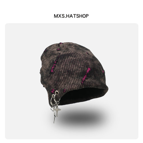 秋冬复古撞色破洞针织包头帽