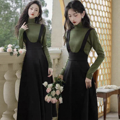 高领上衣针织毛衣背带连衣裙套装