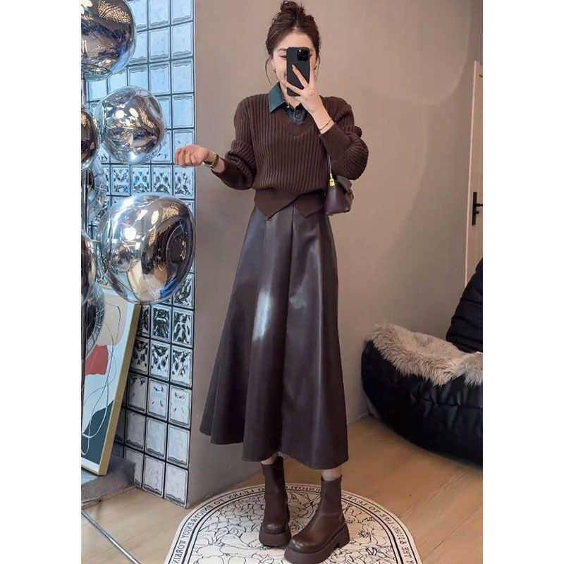 2026早春秋搭配整套女韩系时尚牛仔拼接针织毛衣衫半身皮裙两件套,女装/女士精品,时尚套装,淘宝优惠券,粉丝福利购,淘宝优惠卷