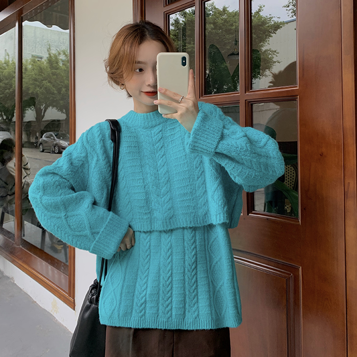 Real shot real price ~ Korean version of loose fake two pieces, front and back two wear round neck thickened outer Pullover Sweater female