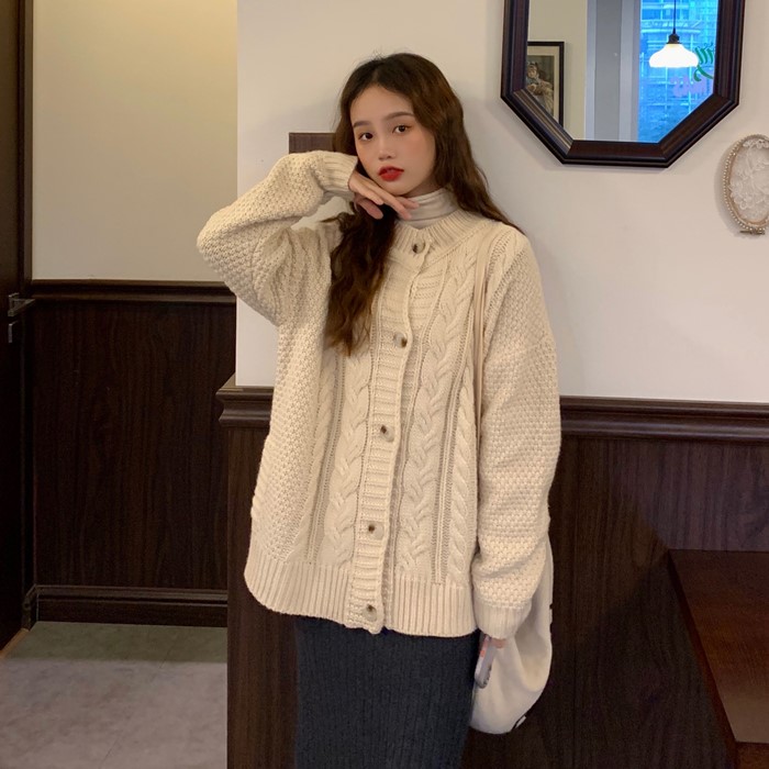 Real price ~ Korean version loose wear twist thickened lazy wind sweater knitting cardigan coat female