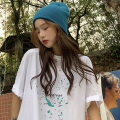 Real price ~ Korean loose slope paint letter printing round neck short sleeve T-shirt