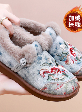 冬季新款老北京民族风刺绣女棉鞋加绒加厚底保暖一脚蹬妈妈棉靴女