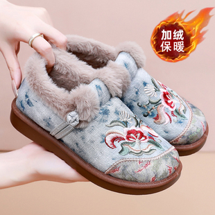 加绒加厚底保暖一脚蹬妈妈棉靴女 老北京民族风刺绣女棉鞋 冬季 新款