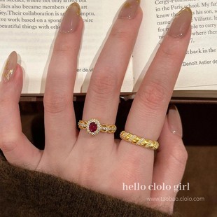 金色系蕾丝红宝石戒指女新中式款秋冬季轻奢高级感气质指环配饰