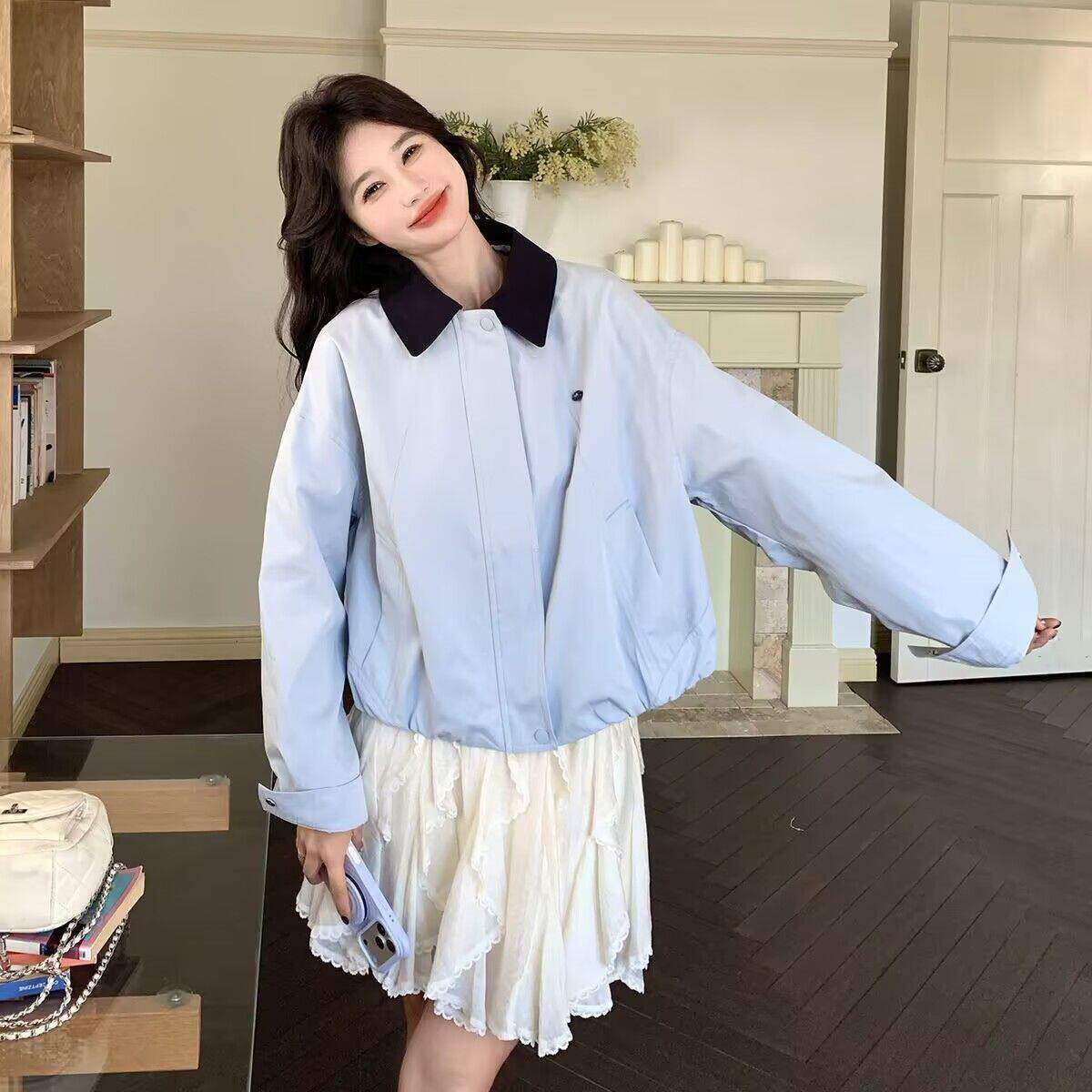 小个子撞色翻领短款外套女春新款韩系休闲百搭洋气减龄夹克上衣