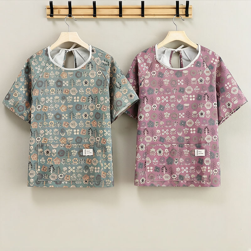 法式竹节棉短款半袖围裙小吃花店餐饮服务员工美甲店饭店后厨罩衣