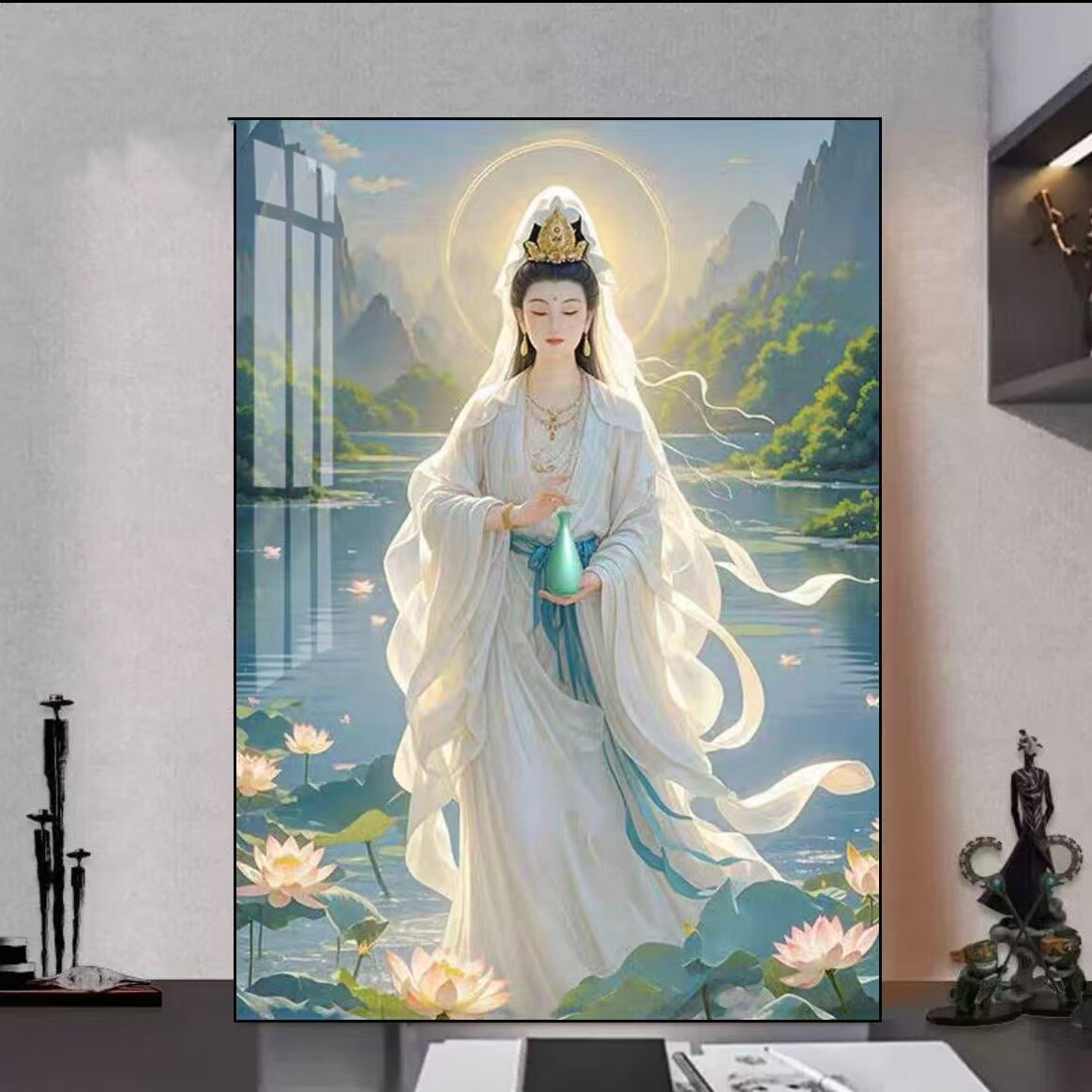 三尺三白素衣观音十字绣新款新中式菩萨画像线绣客厅玄关diy自绣