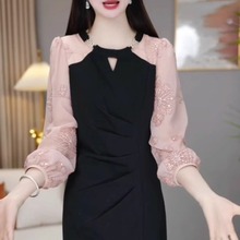 2025夏季新款大码女装胖妹妹洋气遮肚显瘦雪纺连衣裙过膝黑色裙子