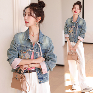 夹克上衣潮 复古立领中国风短款 重工刺绣牛仔外套女2025春秋季 新款