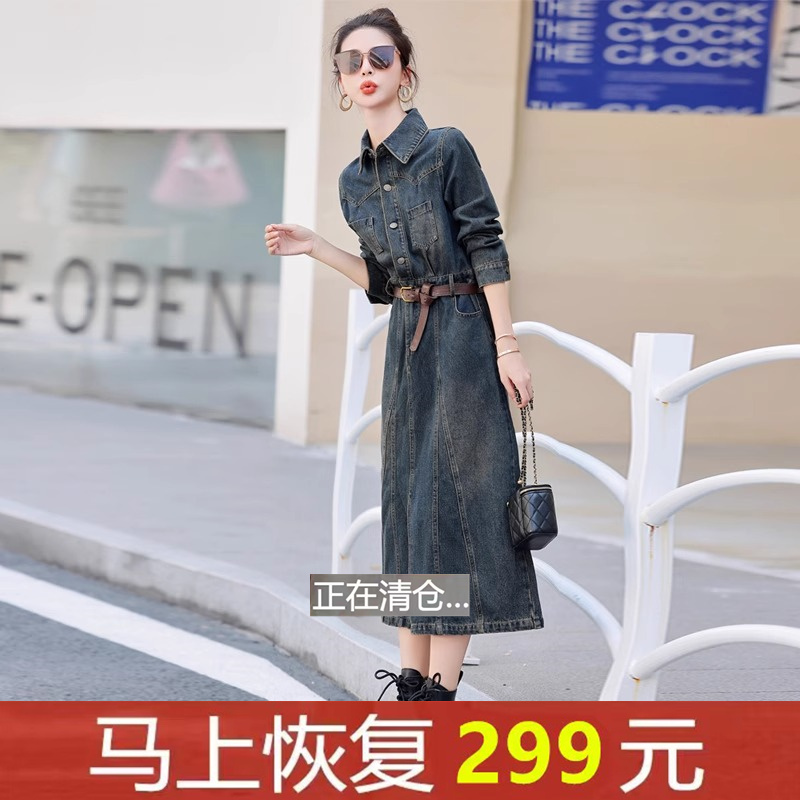 复古气质女神收腰显瘦牛仔连衣裙