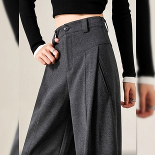 2025秋冬季新款镰刀裤女加绒加厚毛呢休闲裤灰色阔腿裤女款弯刀裤
