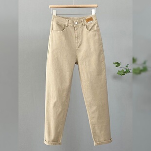 子 高腰宽松休闲显瘦老爹哈伦九分裤 卡其色牛仔裤 女2026年春秋新款