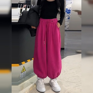 胖mm高腰宽松束脚灯笼裤 玫红色加绒加厚卫裤 大码 2025新款 女秋冬季