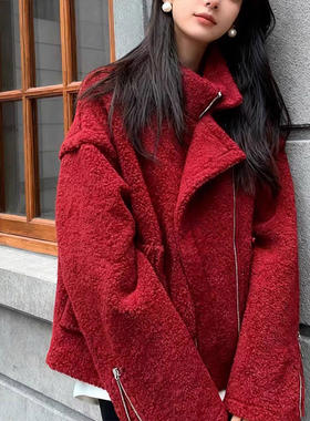 2026新款爆款小个子短款立领机车服本命年红色羊羔毛绒外套女春季