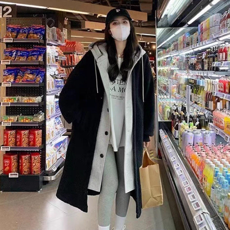 冬季连帽加厚羊羔绒中长款开衫