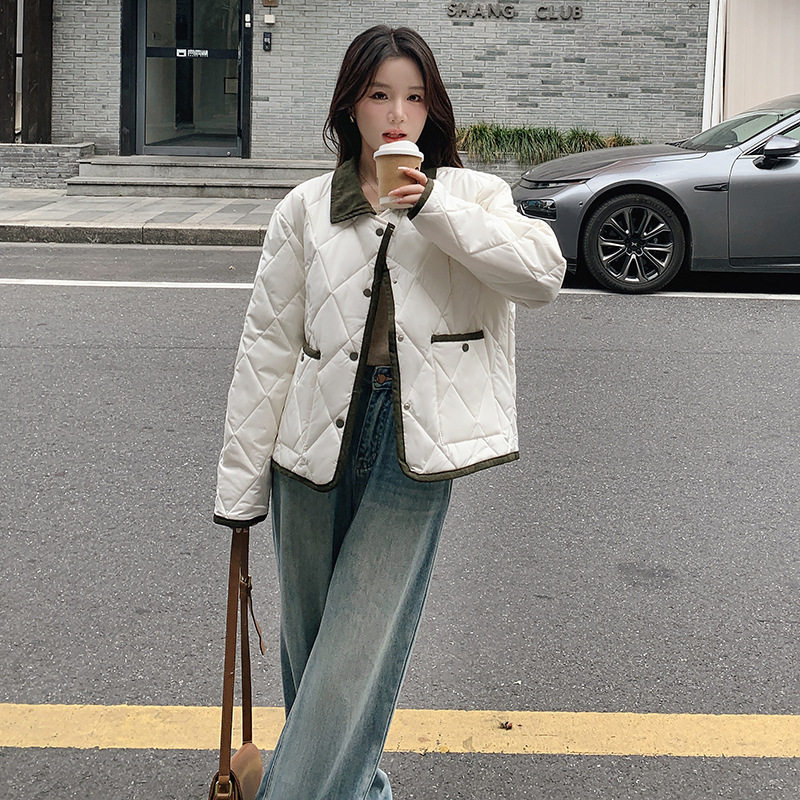 2024秋冬季跨境时尚纽扣轻薄棉服女韩国短款翻领衔缝棉衣外套