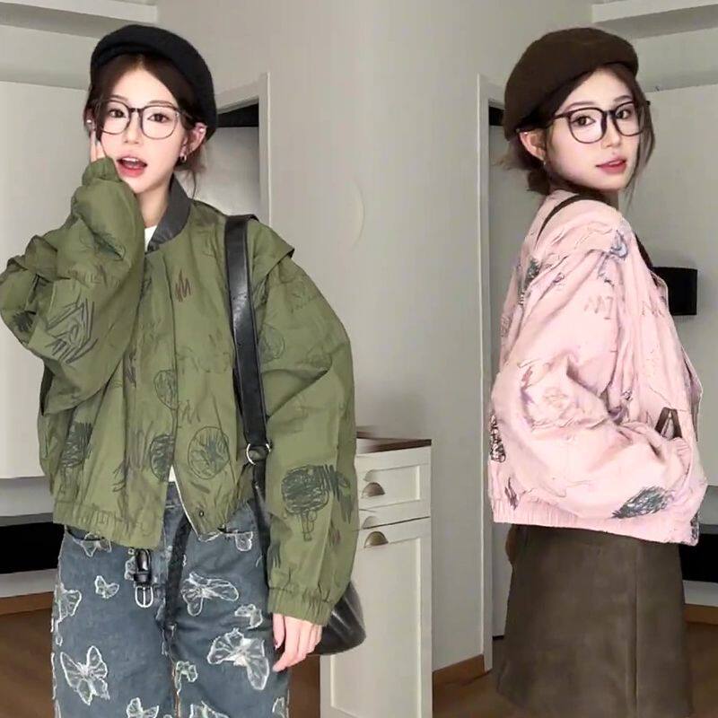 高街涂鸦粉色短外套女秋季新款