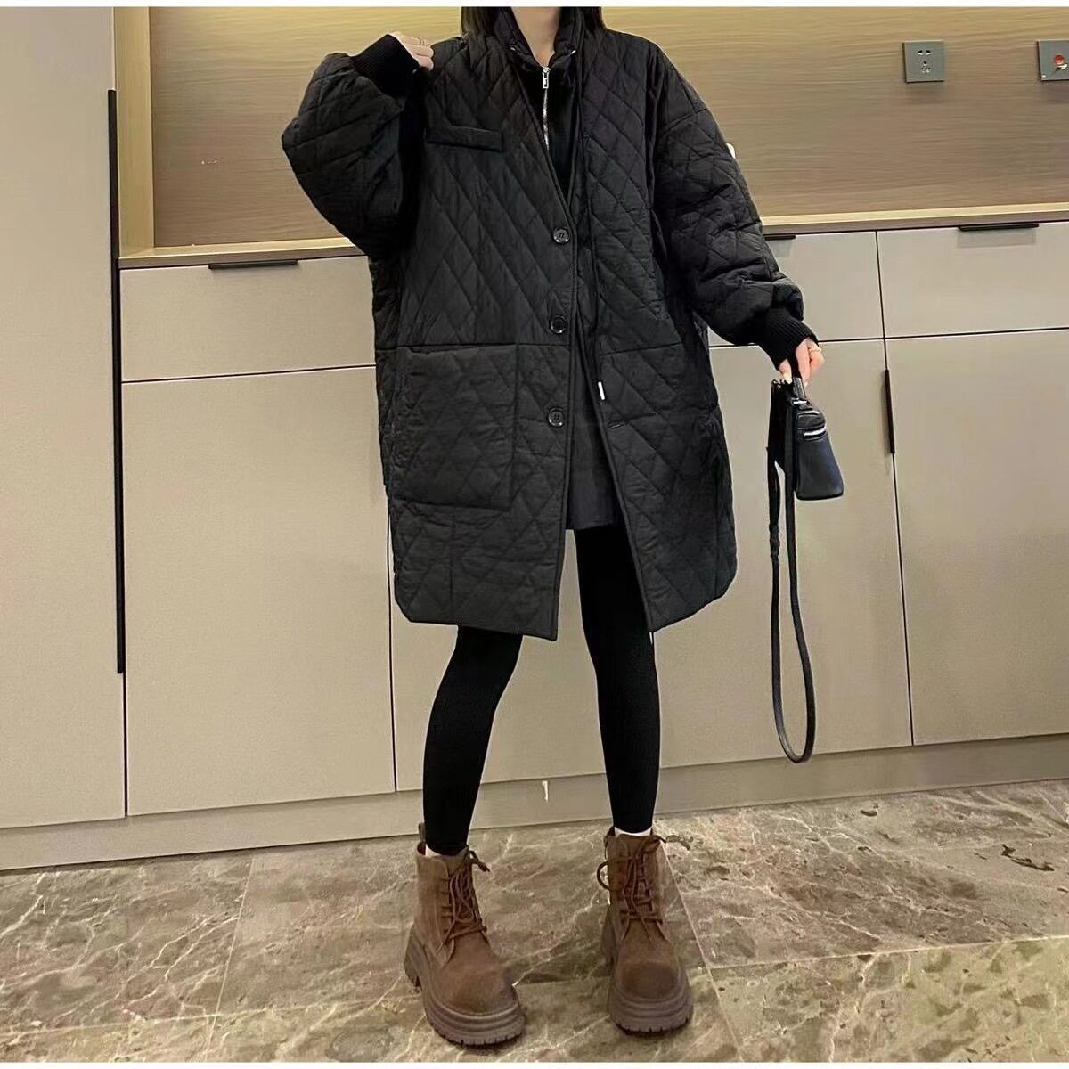 秋冬复古大码V领慵懒风棉服