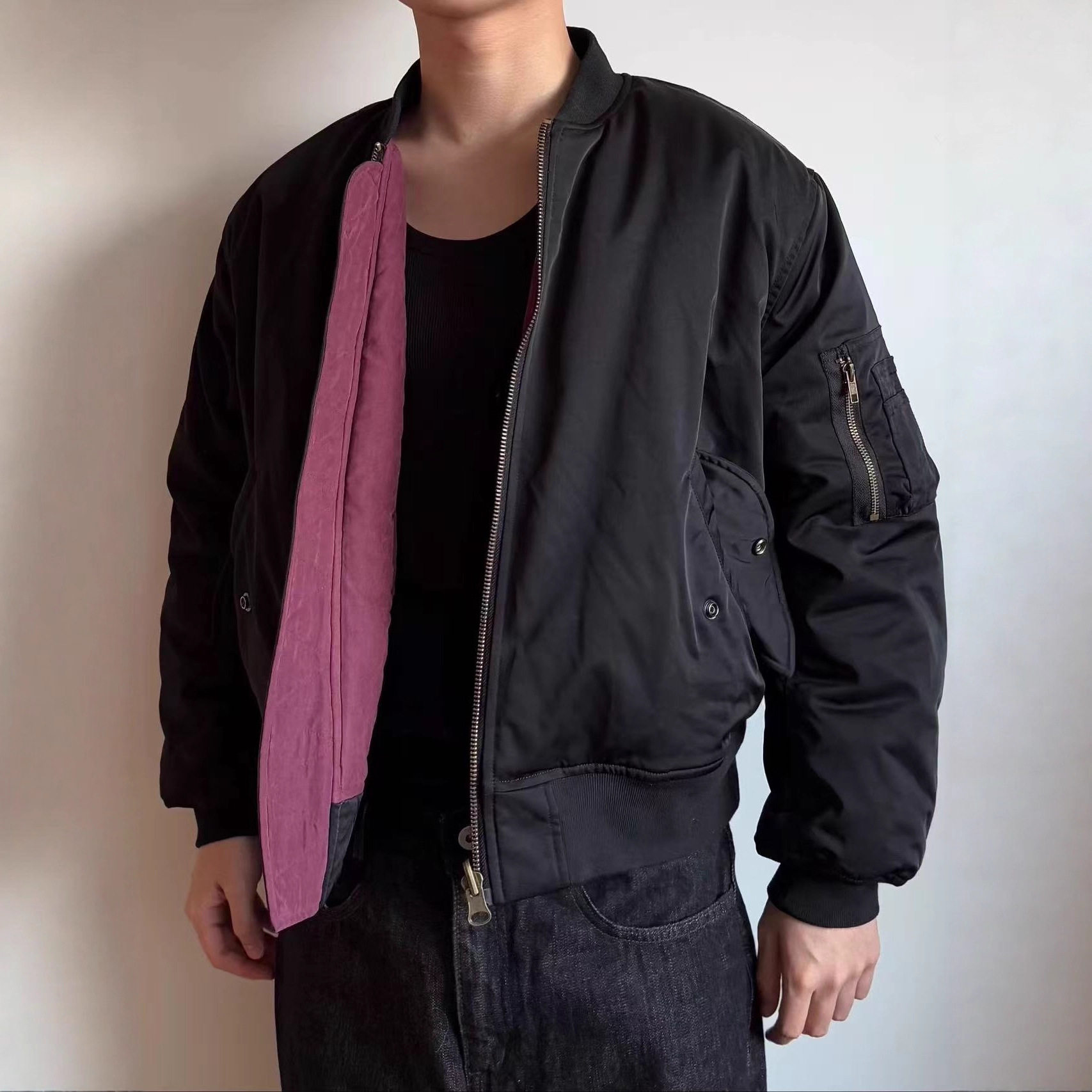 酒红丝绒双面穿加厚飞行员棉服
