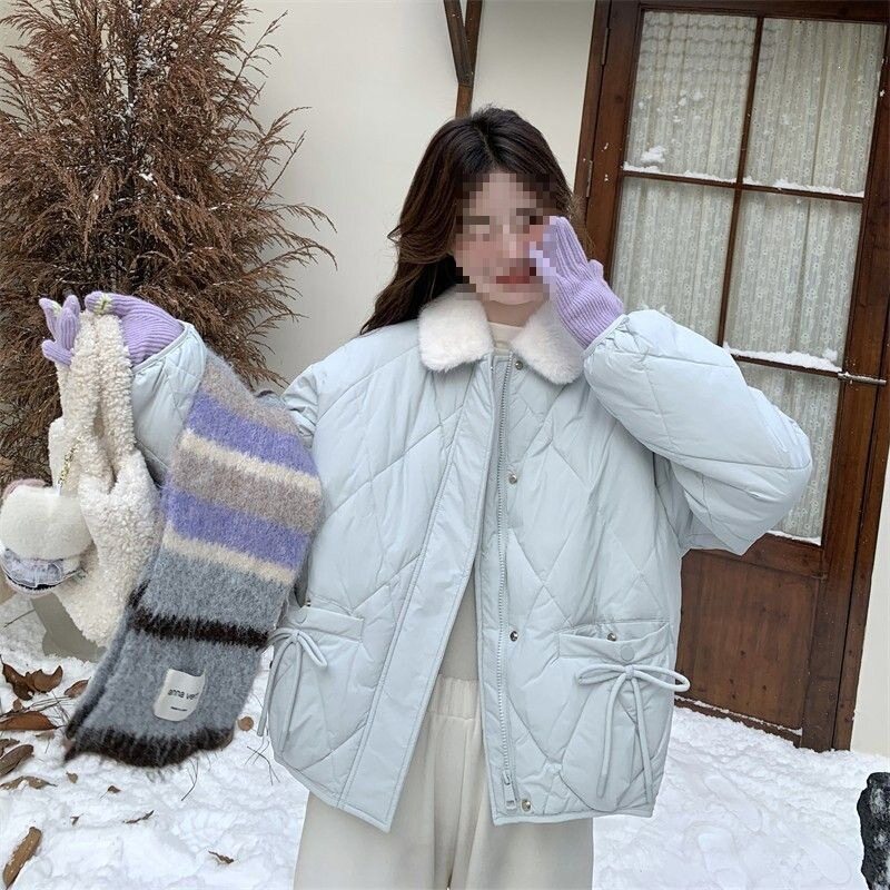 蓝色蝴蝶结羊羔毛拼接甜美棉服