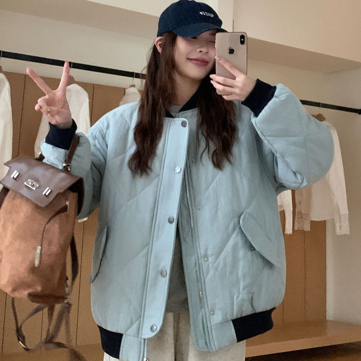 学院风菱格棒球棉服女秋冬加厚