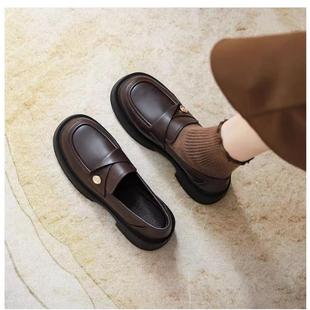 品牌真皮金币乐福鞋女2025春秋新款厚底中跟单鞋棕色英伦风小皮鞋