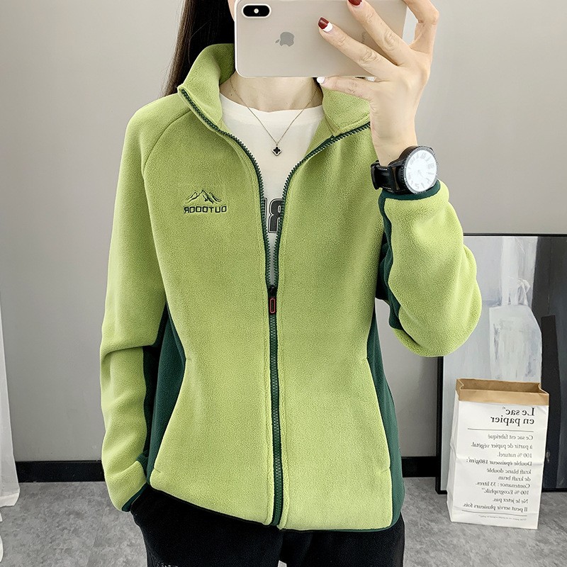 秋冬拼色抓绒衣女加厚保暖外套