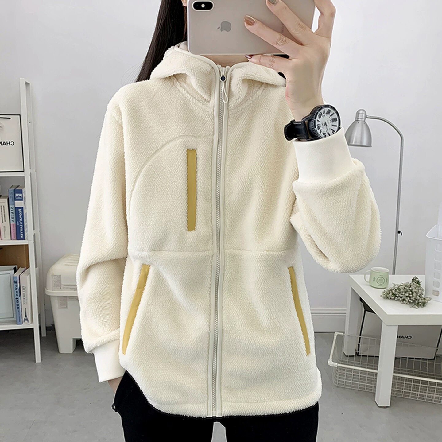 户外抓绒衣女款秋冬连帽舒棉绒开衫休闲宽松卫衣加绒加厚保暖外套