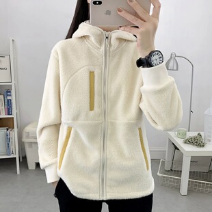 户外抓绒衣女款秋冬连帽舒棉绒开衫休闲宽松卫衣加绒加厚保暖外套