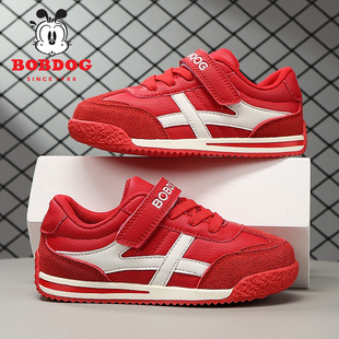 巴布豆男童皮面防水运动鞋2025新款春秋季女孩儿童红色德训鞋