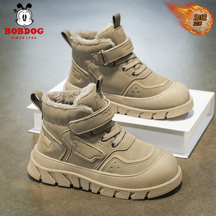 巴布豆儿童冬季雪地靴加绒加厚保暖大棉皮面防水男童防滑轻便短靴