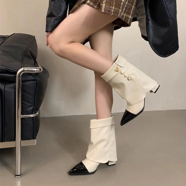 小香风拼色粗跟短靴女2025秋冬新款时尚百搭尖头裤管靴高跟骑士靴,女鞋,时装靴,淘宝优惠券,粉丝福利购,淘宝优惠卷