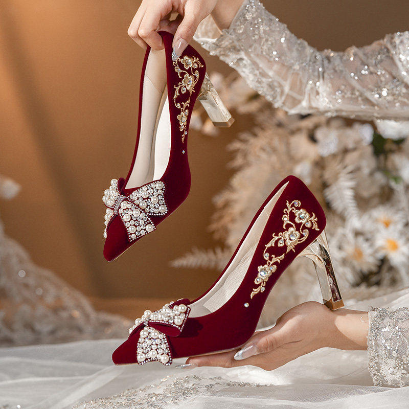 红色绝美婚鞋女秀禾服鞋中式婚礼高跟鞋结婚粗跟敬酒不累脚新娘鞋,女鞋,婚鞋,淘宝优惠券,粉丝福利购,淘宝优惠卷