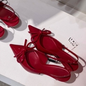 新款 高跟鞋 红色时尚 西班牙2024秋季 气质蝴蝶结饰漆皮细跟穆勒鞋 女