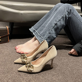 裸色高跟鞋 女 尖头细跟单鞋 女2023春秋新款 设计感小众金属链条法式