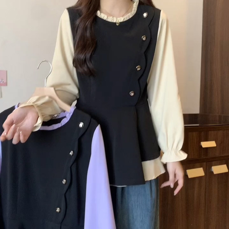 大码女装假两件长袖衬衫