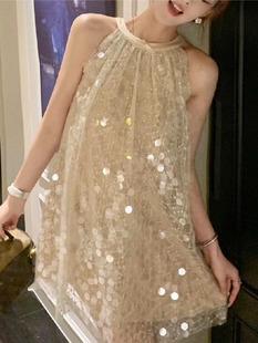 宽松设计感吊带裙子高级感短裙 海边沙滩度假亮片挂脖连衣裙女夏季