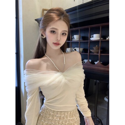 设计感挂脖项链蝴蝶网纱拼接一字肩露肩名媛气质上衣短款T恤