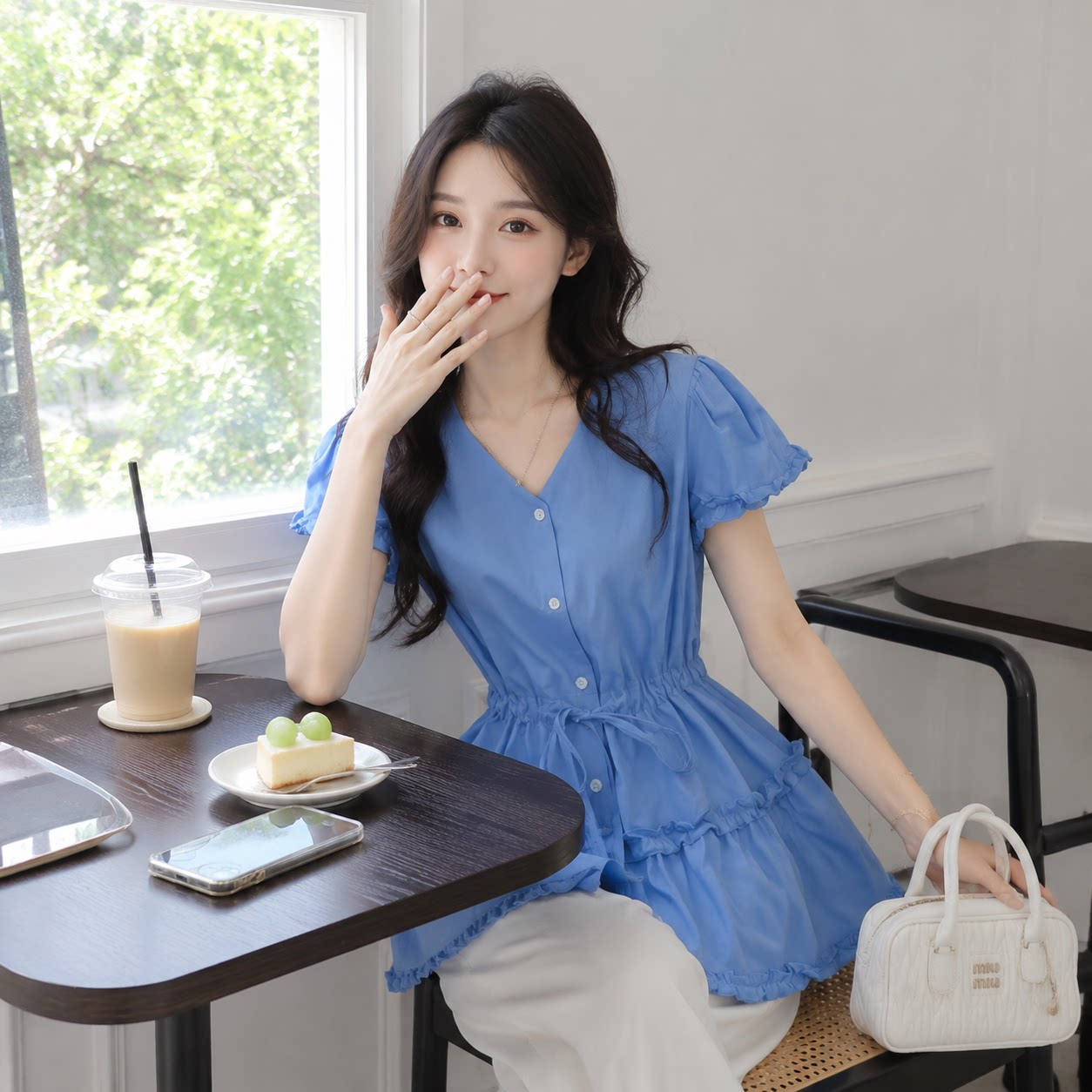 夏季甜美木耳边抽绳收腰显瘦衬衫