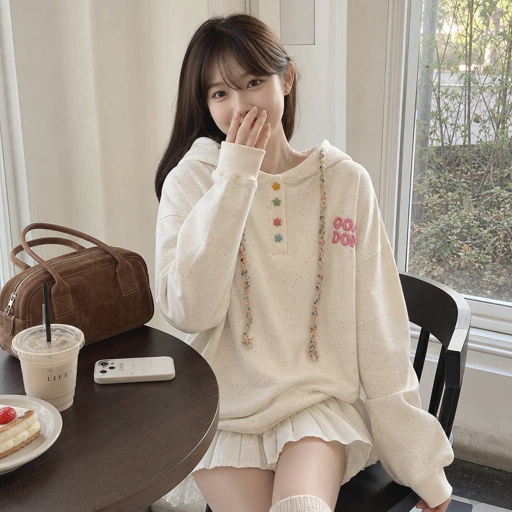 韩系chic彩点连帽卫衣女秋冬