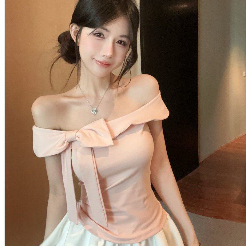 夏季甜美蝴蝶结斜肩收腰短袖T恤