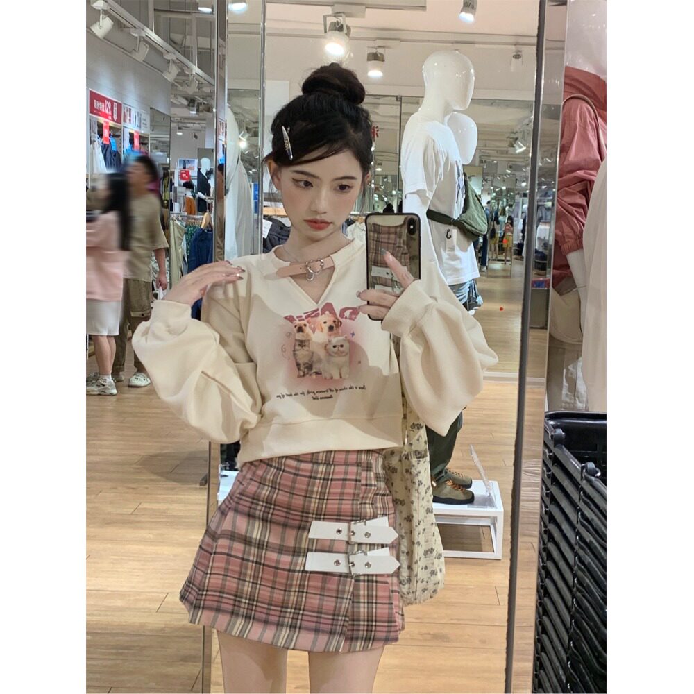 学院风套装女初秋新款高档百搭格子半身短裙小众设计感卫衣两件套