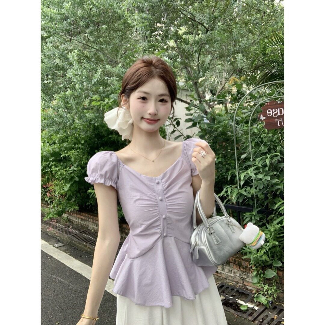 夏季韩系紫色泡泡袖显瘦褶皱衬衫