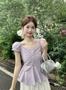 韩系紫色泡泡袖衬衫女夏季2026新款修身显瘦褶皱设计感气质上衣潮